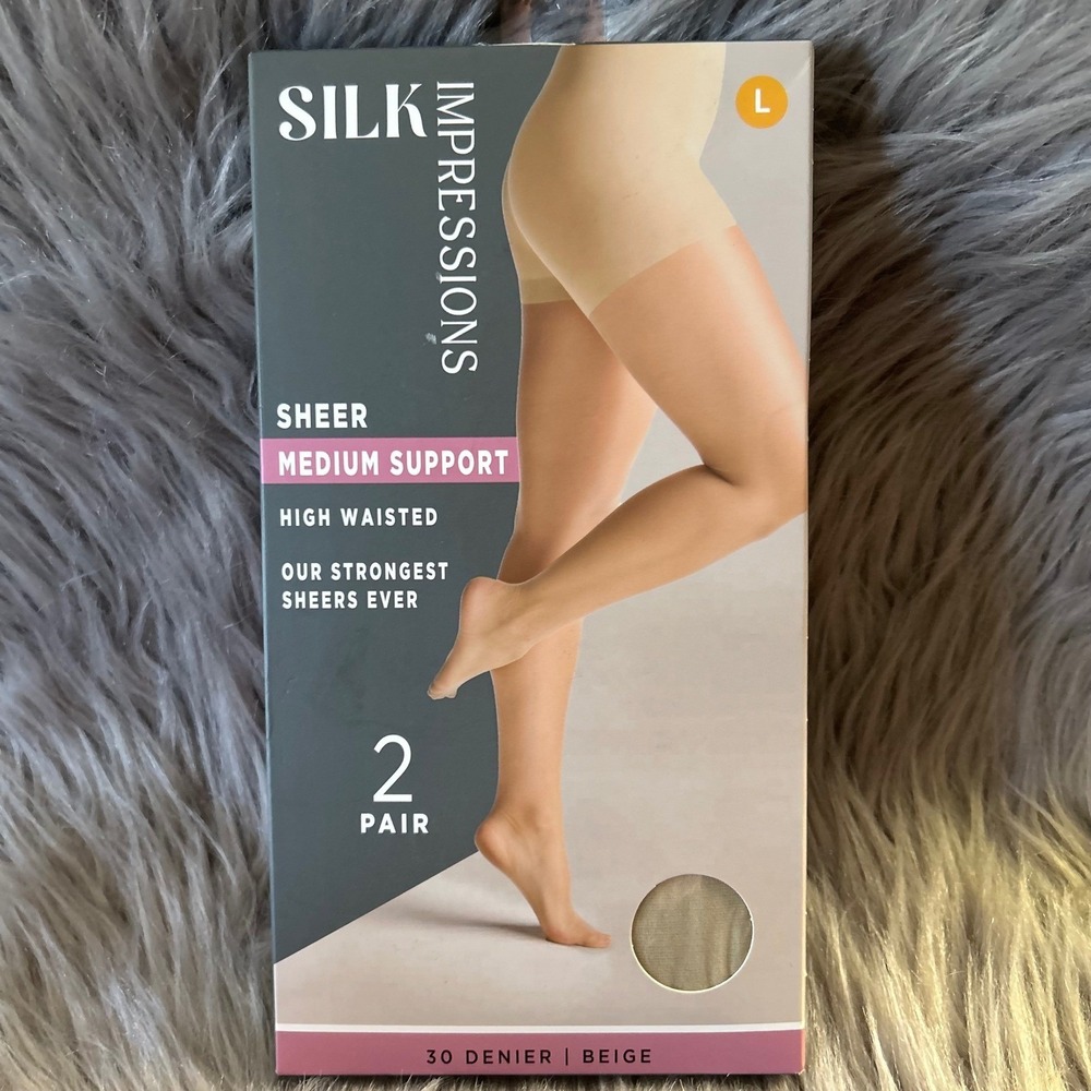 Silk Impressions Medium Support Sheer Tights Women Size Large Beige High Waisted